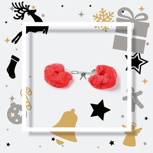 Simple Pleasure kajdanki erotyczne metalowe z futerkiem czerwone